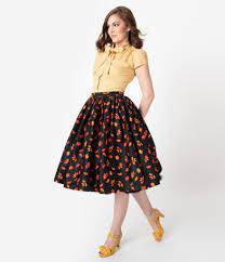 Collectif 1950s Style Black Orange Acorn Print Jasmine Swing Skirt Unique Vintage Swing Skirt 1950s Fashion Style