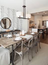 Rustic Dining Room Idea With Extraordinary Wood Chairs Round Mirror And Modern Chandelier Transitional Dining Room Rustic Dining Room Dining Room Design