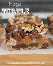 This caramel turtle pie recipe features a graham crumb crust, topped with caramel sauce, chopped pecans and a creamy chocolate layer. Magic Turtle Bars Chocolate Chocolate And More