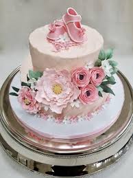 Pink Floral Baby Shower Cake With Pink Baby Shoes Baby Shower Cakes Girl Girl Shower Cake Pink Baby Shower Cake