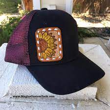 Patch Shapes Standard First Hat Pictured With Yellow Sunflowers Rodeo Queen Second Hat Pictured With Neutral Sunflo Leather Patches Leather Hats Cute Hats