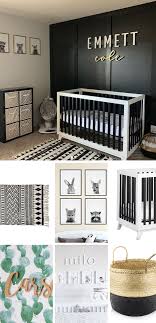 Black And White Rug Kids Room Modern Black Nursery With Woodland Forest Animal Prints And Black And White Crib And Boho Rug Nursery Nursery Decor Black White Rug Nursery Black Crib Nursery