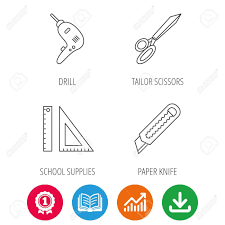 Paper Knife School Supplies And Scissors Icons Drill Tool Linear