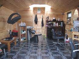 Insulated Garden Shed Used As Home Hair Salon I Love This Idea But I Would Paint The Walls Different And Use Home Beauty Salon Home Salon Home Hair Salons