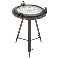 Removable glass top, colour is a distressed black and off white. Industrial Metal Round Clock Coffee Table Overstock 20483534