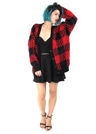 Black And Red Cardigan 80s Plaid Cardigan Black Red Checkered Cardigan Chunky Slouchy Etsy Red Checkered Plaid Cardigan Black Cardigan
