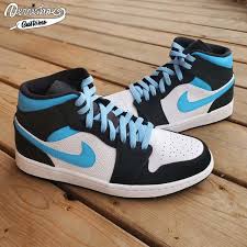 Custom Hand Painted Made To Order Light Blue Black Nike Air Jordan 1 Mid Aj1 Shoes The Custom Movement In 2020 Sneakers Fashion Black Nikes Air Jordans