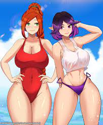 cawfield, stepyon, cassie (paladins), skye (paladins), paladins, absurdres,  highres, 2girls, breasts, cleavage, green eyes, large breasts, multiple  girls, navel, purple eyes, purple hair, red hair, swimsuit - Image View - |  Gelbooru -