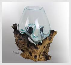 Hand Blown Molten Glass On Driftwood Base Sculpted Terrarium Vase Fish Bowl Indoor Planter Eco Tillandsia Aerium Unique Glass Fish Bowl Molten Glass Fish Bowl