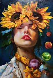 Surreal Woman Sunflower Portrait Oil Painting, Moody Fruits of the Spirit  Expressive Original Painting, Symbolic Nature Inner Reflection Art