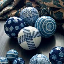 Set Of Four Ceramic Balls Large White Ornaments White Pottery Porcelain Blue