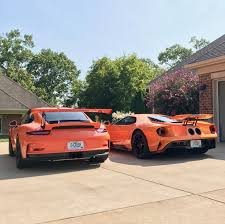 Ford Gt Painted In The Lamborghini Color Arancio Borealis And A Porsche 991 Gt3 Rs Painted In Lava Orange Photo Taken By S Ford Gt Dream Cars Porsche 991 Gt3