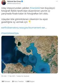 Van gölü'nün uzaydan çekilen görseli abd havacılık ve uzay ajansı'nın (nasa) düzenlemiş olduğu dünya turnuvası adlı online fotoğraf yarışmasında finale kalma başarısı elde etti. M4mkc6iwmoamrm