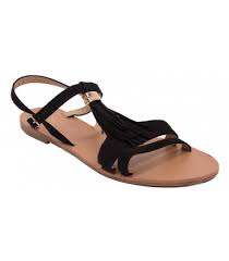 Chaussure bateau, noir et dorée. Sandales Ete Franges Femme Noir En Simili Daim Et Dorure Lanieres Souples Semelle Cuir