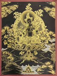 Green Tara, Buddhist Handmade Thangka Painting, Tibetan Style, Real Gold,  Goddess of Compassion, Protection, and Swift Action, 61 by 46 cm, Dolma,  Lvduomu, Midori Tara