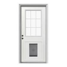 Jeld Wen 9 Lite Primed White Steel Entry Door With Large Pet Door And Brickmold Thdjw203900012 At The Home Depot Steel Entry Doors Entry Doors Pet Door