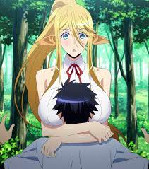 centorea shianus, kurusu kimihito, monster musume no iru nichijou, highres,  screencap, stitched, third-party edit, 10s, 1boy, 1girl, bare shoulders,  blonde hair, blue eyes, blush, breasts, hetero, hug, huge breasts, long  hair, monster