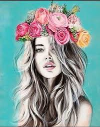 Woman With Long Hair Flower Crown Cute Flower Drawings Turquoise Background Colored Painting Girly Art Art Fashion Art