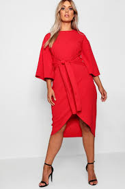 Plus Kimono Sleeve Wrap Over Midi Dress Boohoo Red Midi Dress Plus Size Outfits Plus Size Cocktail Dresses