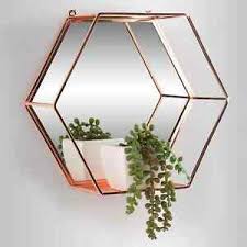 Crafted of manufactured wood in a smooth, painted finish, this unit consists of four intersecting cube shelves in various sizes ranging from 5 h x 5 w x 4 d to 10.75 h x 10.75 w x 4 d. Rose Gold Hexagon Mirror Shelf Metal Wire Wall Shelf Home Decor Storage Floating 1000036316907 Ebay