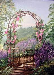 Painting Garden Gate Florals Through The Garden Gate Series C Lavendar Roses Bush Lilacs Paintings By Shirley Flores Pintadas Linda Arte Porta De Jardim
