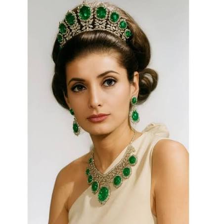 This image shows Princess Shahnaz Pahlavi of Iran, the eldest daughter of the last Shah of Iran, Mohammad Reza Pahlavi, and his first wife, Princess Fawzia of Egypt, wearing the royal parure