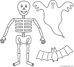It seems that he has come out of the coffin to attend the halloween party. Skeleton With Bat And Ghost Coloring Page Halloween