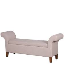Bank stauraum bank offene stauraum entryway furniture. Elegante Geschwungene Sitzbank Bettbank Mit Beigem Leinen Stoffbezug Stauraum