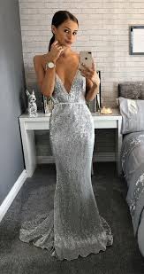 V Neck Evening Dress Silver Sequin Prom Dress Evening Dresses Elegant Dresses Sequin Dress