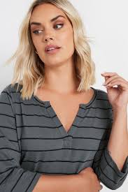 YOURS Plus Size Grey Stripe Notch Neck T-Shirt