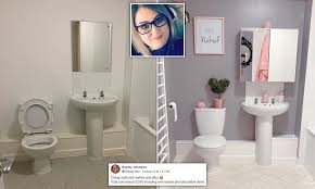 Smarten arts funny bathroom wall decor sign farmhouse rustic bathroom decorations wall this artwork and picture frame is made of archival waterproof paper as well as plexiglass and is safe and easy to install. Diy Enthusiast Impresses With Her Cheap Bathroom Makeover That Only Cost 250 Daily Mail Online