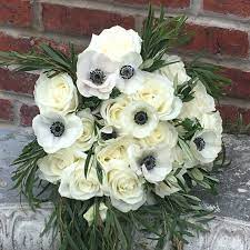 Bridal Bouquet Of White Roses With White Anemone Foliage Of Olive Leaves And Feather Eucalyptus Bridal Bouquet White Anemone White Roses