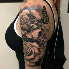 I Would Like It In Color Rose And Butterfly Tattoo Tattoos Half Sleeve Tattoo