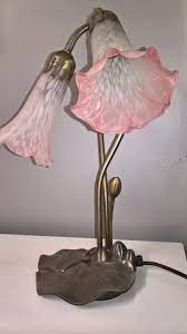 Vintage Tiffany Style Lilly Trumpet Tulip Table Lamp Desk Lamp Side Light Pink Glass Shade On Metal Leaf Shaped Base Lamp Tulip Table Lamp Flower Lamp