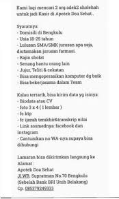Check spelling or type a new query. Lowongan Kerja Apotek Doa Sehat Caribengkulu