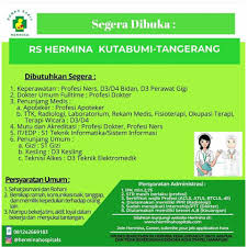 Untuk memenuhi permintaan yang meningkat akan layanan medis yang berkualitas, hermina hospitals dengan cepat meningkatkan jumlah rumah sakit dan memperluas. Lowongan Kerja D3 D4 S1 Rs Hermina Tangerang Agustus 2021