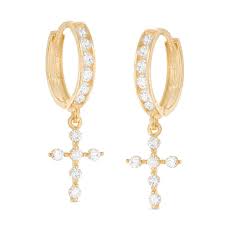 14k gold dangling cross hoop earrings sale $240.00. Cubic Zirconia Cross Dangle Huggie Hoop Earrings In 14k Gold Piercing Pagoda