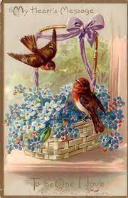 Robins In Basket Of Forget Me Nots Raphael Tuck Sons Floral Missives Postcard Vintage Valentine Cards Antique Postcard Vintage Cards
