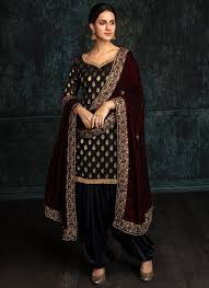 Black And Silver Punjabi Suit Black Brocade Punjabi Suit With Wine Shawl Features A Brocade Kameez Satin Kameez And Velvet Shawl Dupatta Embroidery Wo Punjabi Dress Indian Fashion Fashion