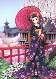 Anime Art Kimono Traditional Wear Geisha Obi Garden Flowers Cherry Tree Sakura Cherry Bloss Anime Kimono Japanese Art Anime