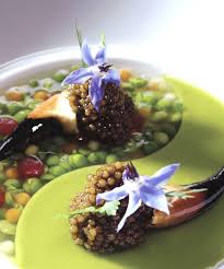 Ying Yang With Osetra And Stone Crab Claws Consomme Of English Peas Contrasted With Veloute Of English Peas From Benoit Vi Food Food Presentation Food Plating