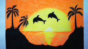 Paint the silhouettes of the birds. Dolphin Jumping Up From The Ocean At Sunset Oil Pastels Drawing Youtube