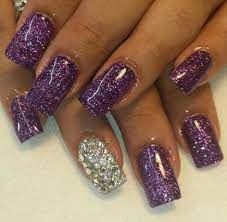Sns dip powder nails, matte top with designs. 49 Trendy Ideas Wedding Nails Purple Glitter Manicures Purple Glitter Nails Nail Designs Glitter Glitter Nails Acrylic
