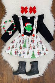 Grinch Suspender Skirt Set Baby Christmas Outfit Little Girl Outfits Kids Christmas Outfits