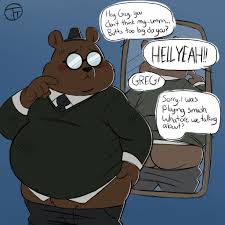 109715 - safe, artist:trashtoonz, angus delaney (nitw), bear, mammal,  anthro, night in the woods, blushing, butt, clothes, fat, glasses, hat,  high res, male, mirror, necktie, obese, offscreen character, pants, pants  pulled down,
