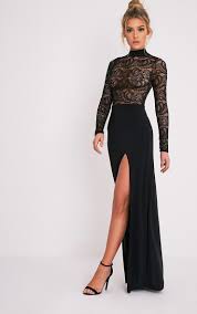 Maisie Black Lace Top Split Side Maxi Dress Black Lace Tops Lace Top Dress Lace Evening Dresses