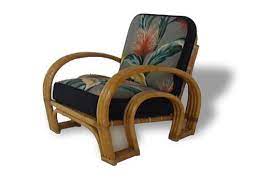 Mid Century Rattan Chair With Three Strand Double Horseshoe Arms And Tropical Barkcloth Upholstery 1950s Rattan Chair Chair Rattan Lounge Chair