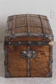 Large woodlined bombay wicker storage trunk white. Antique French Traveling Curved Top And Brass Riveted Wood Trunk Or Chest At 1stdibs