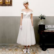 Bonnyin hat eine wunderschöne sammlung von vintage brautkleider für sie für eine vintage hochzeit zu wählen. Vintage Ivory Creme Brautkleider 2018 A Linie Off Shoulder Kurze Armel Ruckenfreies Wadenlang Ruschen