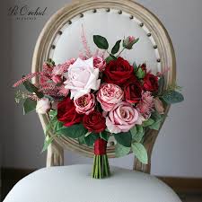 Laura carried a lush antique green and burgundy hydrangea bouquet with pops of red ranunculus, garden roses white anemones, scabiosa pods and draping. Peorchid 2019 Vintage Burgundy Pink Brides Bouquet Wedding Flowers Rose Artificial Ramo Dama De Honor Silk Peony Bouquet Buy At The Price Of 68 91 In Aliexpress Com Imall Com